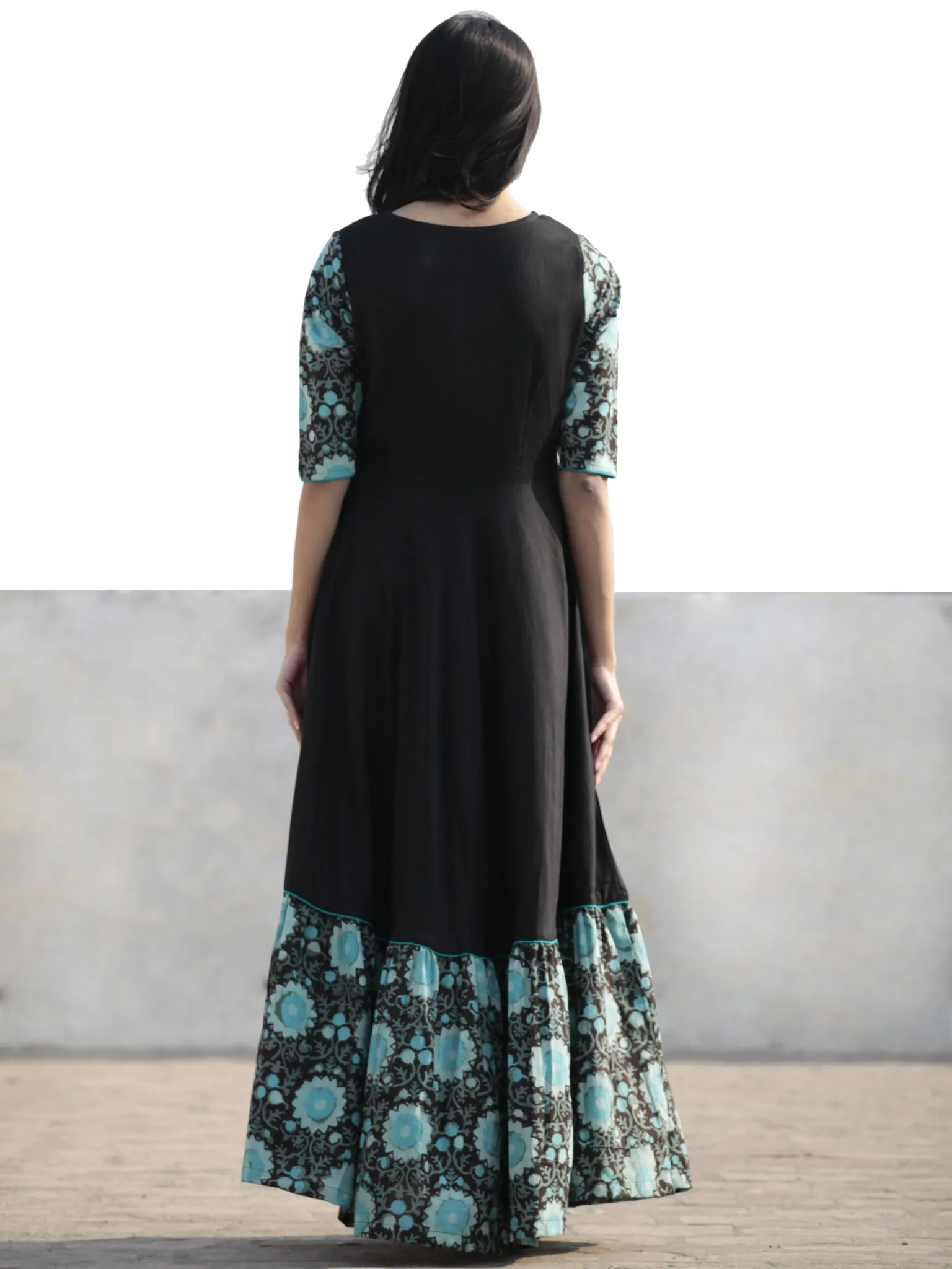 Black Sea Green Hand Blocked Long Cotton Rayon Dress With Tassel - D181F1062