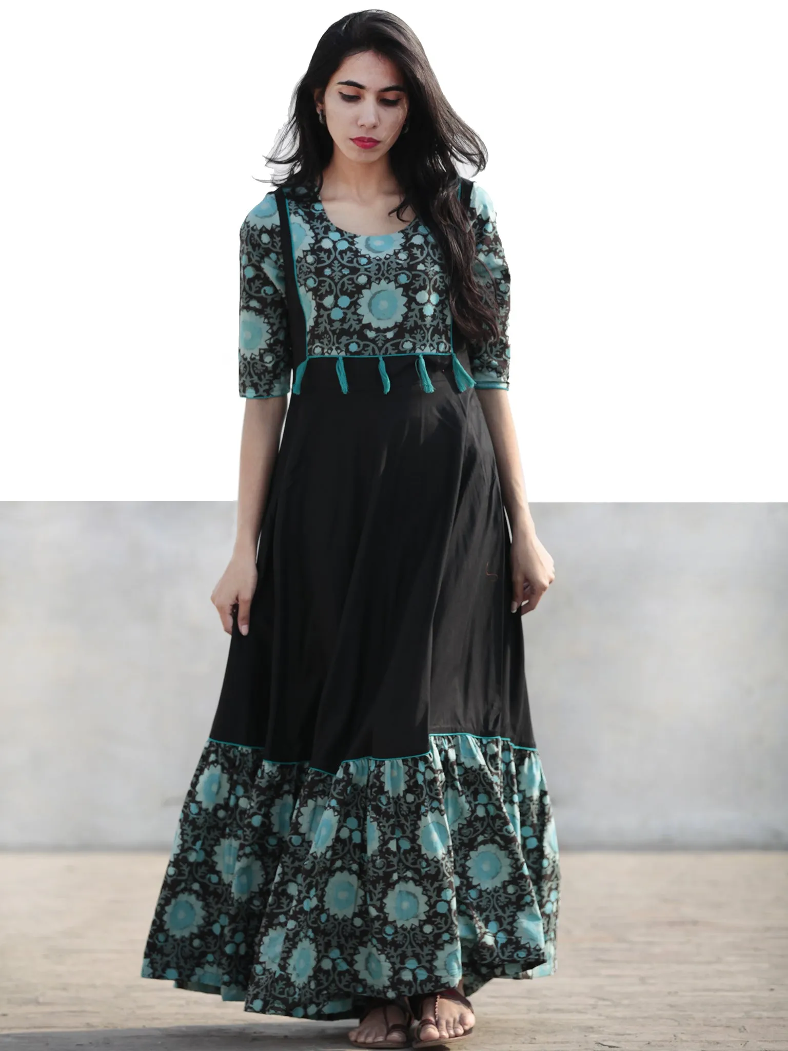 Black Sea Green Hand Blocked Long Cotton Rayon Dress With Tassel - D181F1062