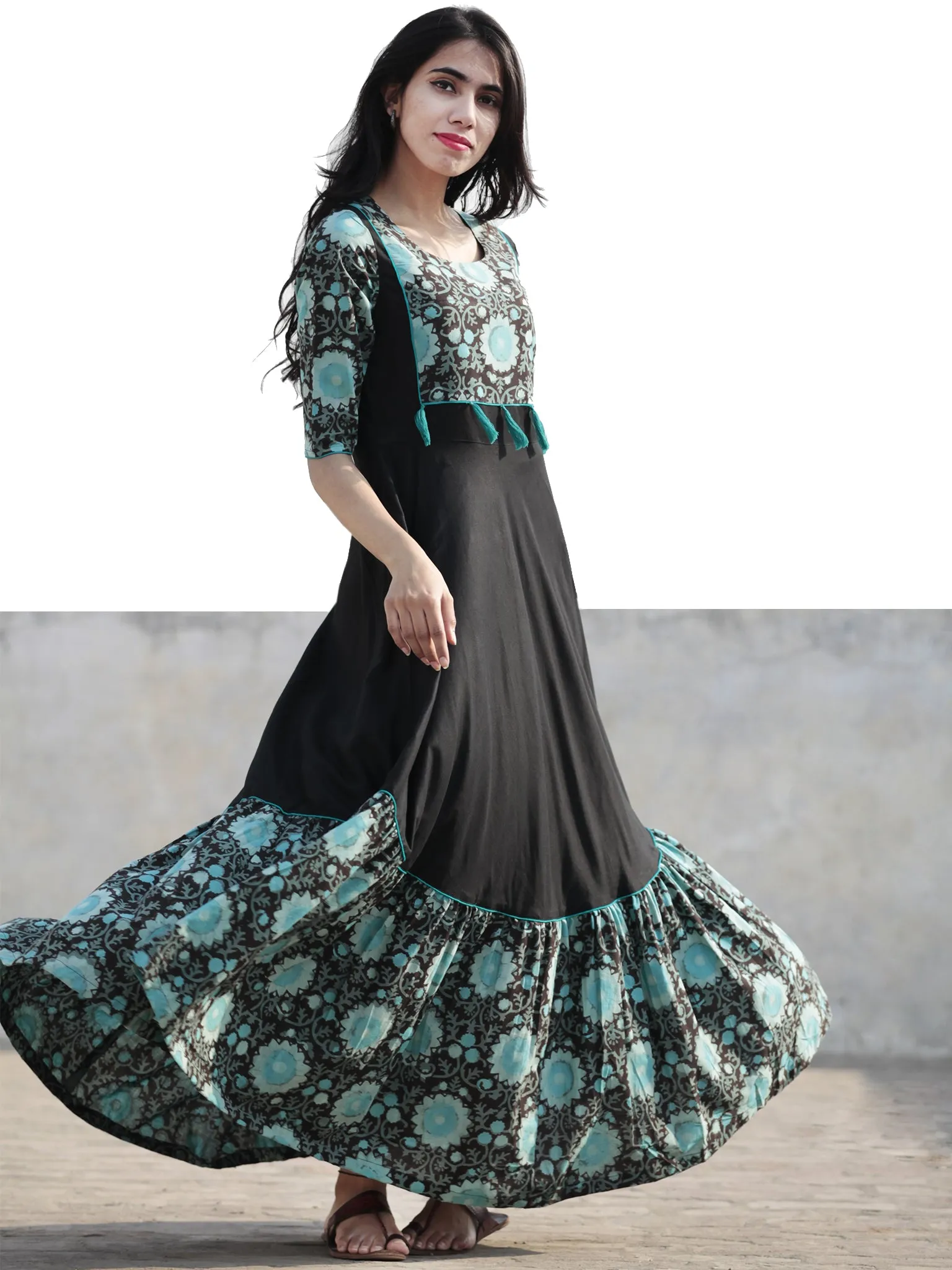 Black Sea Green Hand Blocked Long Cotton Rayon Dress With Tassel - D181F1062