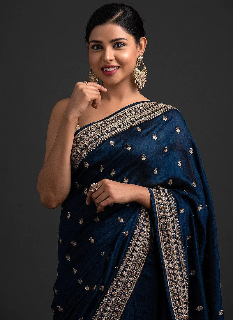 Blue And Golden Sequence Embroidered Saree