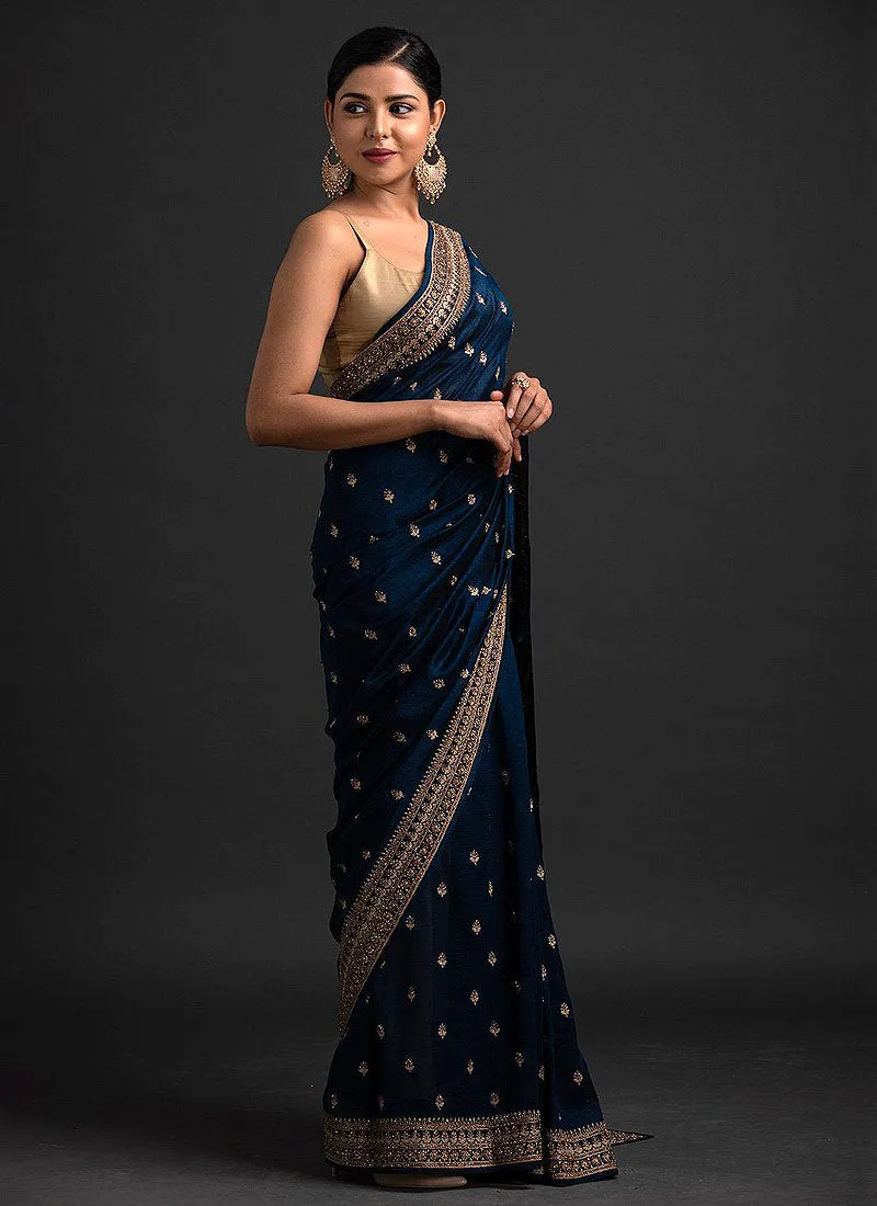 Blue And Golden Sequence Embroidered Saree