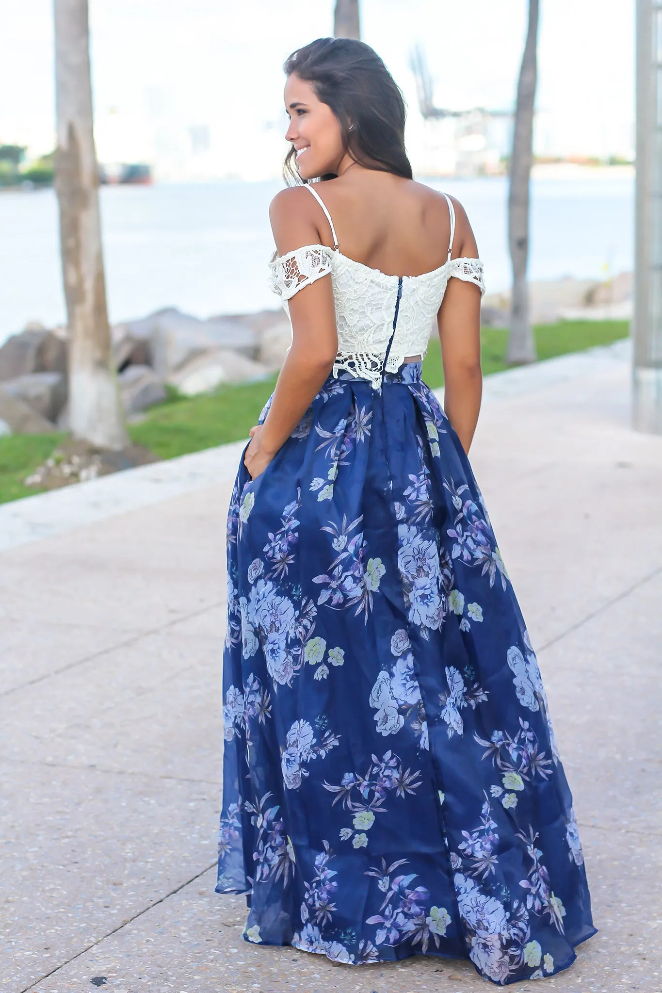 Blue Crochet Top Floral Maxi Dress