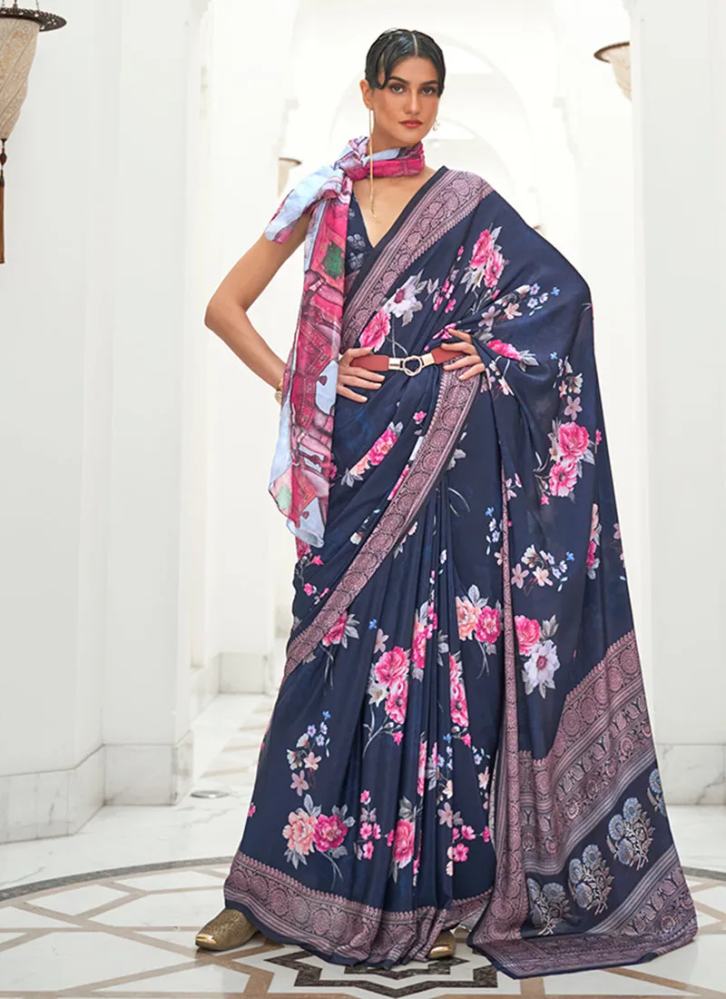 Blue Floral Digital Printed Crape Silk Saree