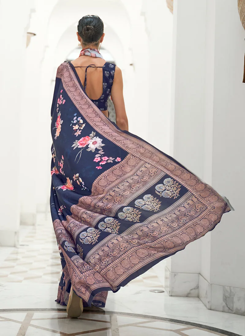 Blue Floral Digital Printed Crape Silk Saree