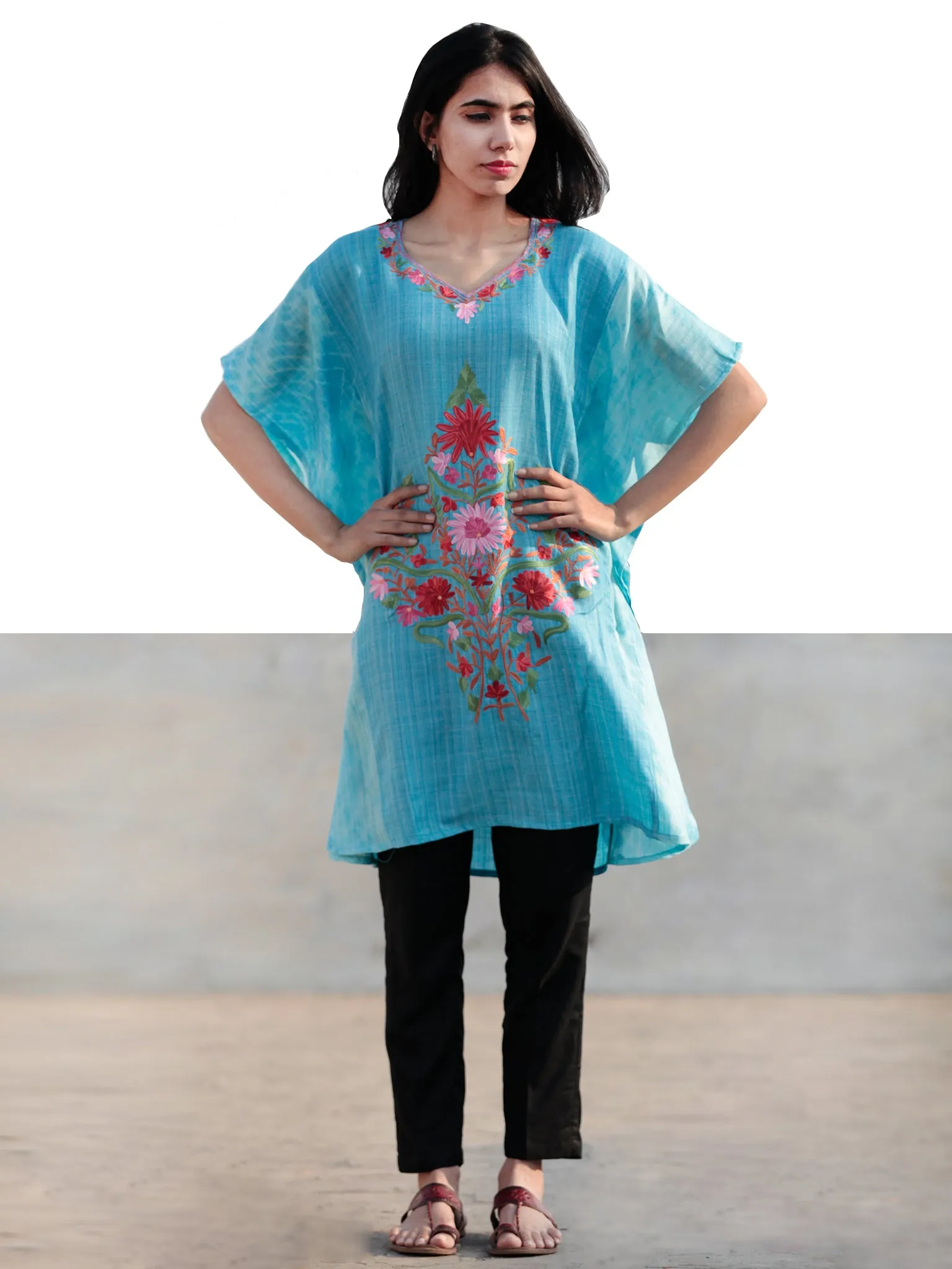 Blue Pink Red Green Aari Embroidered Short Kashmere Kaftan  - K11K027