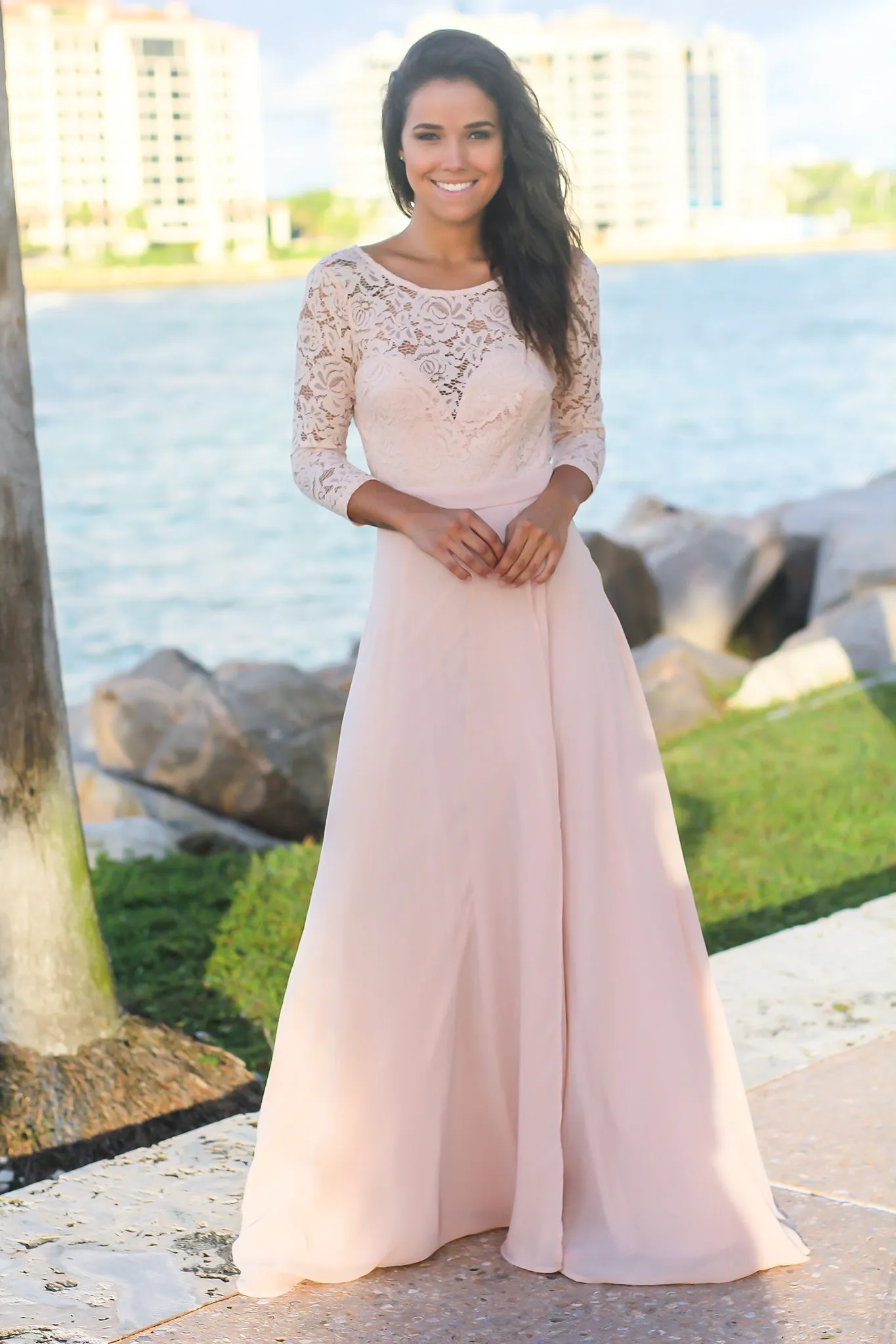 Blush Lace Maxi Dress with 3/4 Sleeves