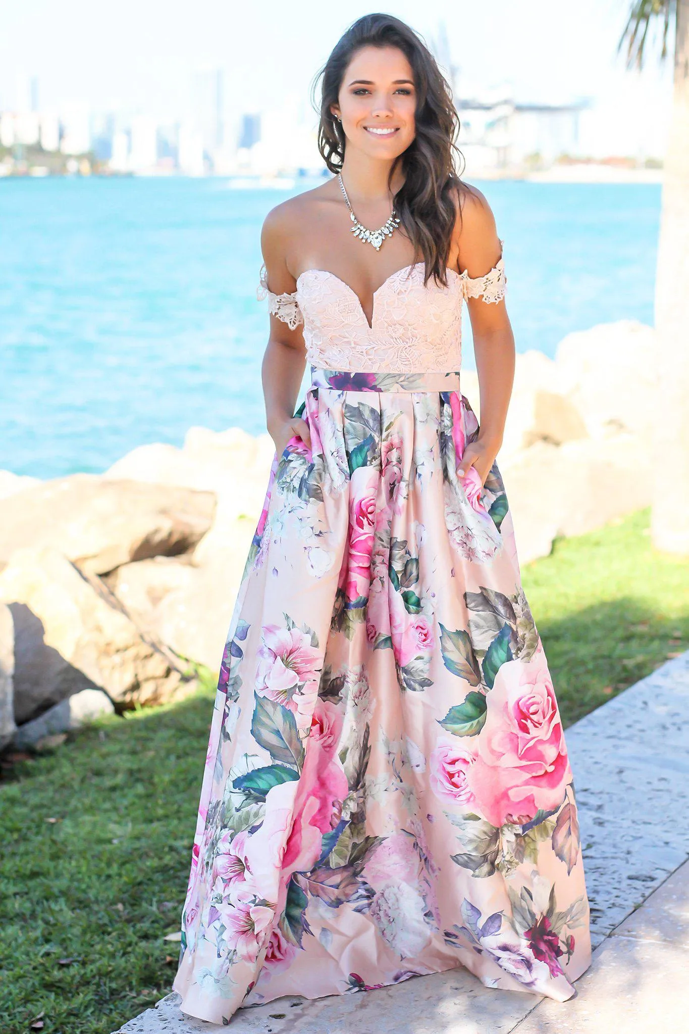 Blush Off Shoulder Floral Maxi Dress with Crochet Top