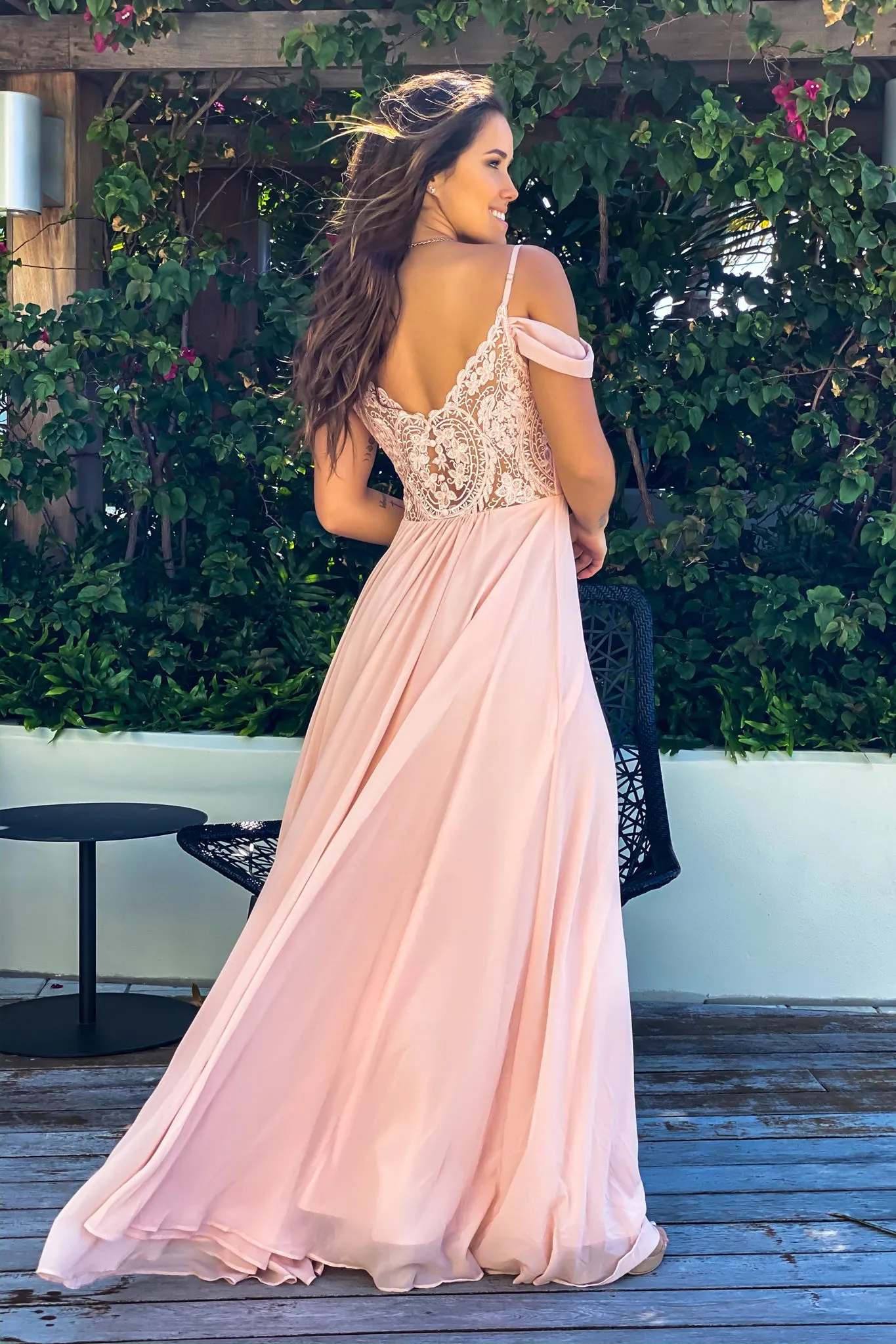 Blush Off Shoulder Maxi Dress with Lace Back