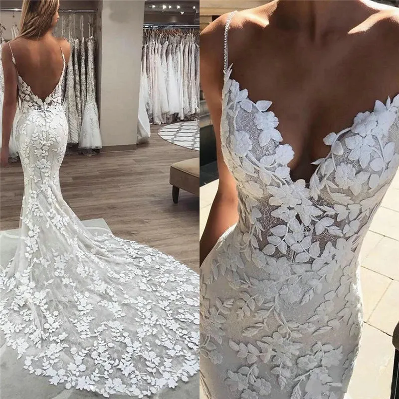 Boho Lace Appliqué Mermaid Wedding Dress with Spaghetti Straps and Backless Design