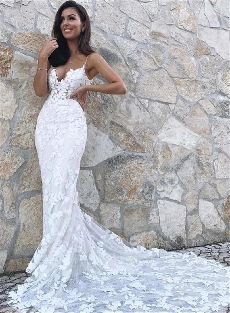 Boho Lace Appliqué Mermaid Wedding Dress with Spaghetti Straps and Backless Design