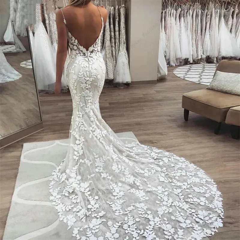 Boho Lace Appliqué Mermaid Wedding Dress with Spaghetti Straps and Backless Design