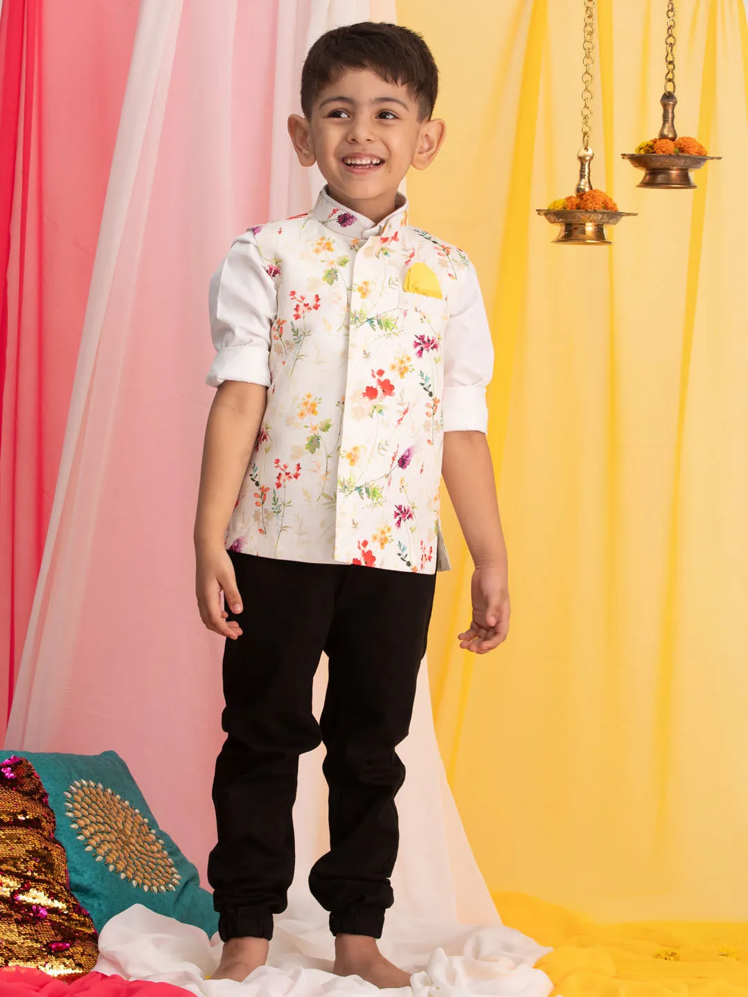 Boy's Multi Color Cream Base Nehru Jacket - Vastramay Boys