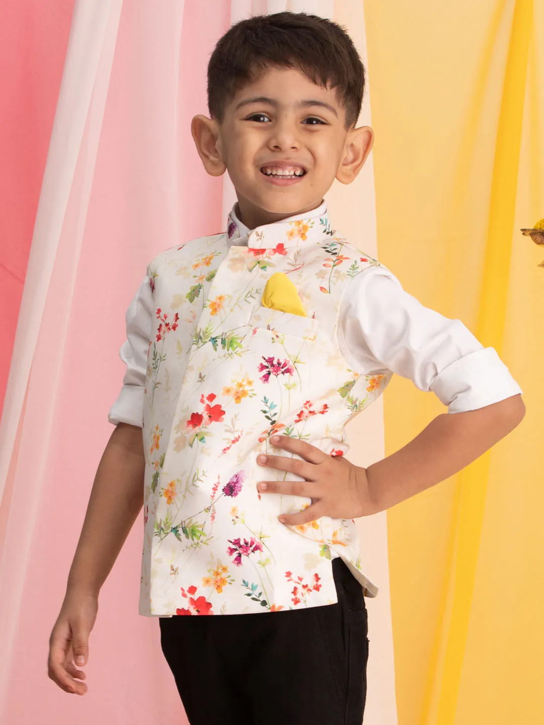 Boy's Multi Color Cream Base Nehru Jacket - Vastramay Boys