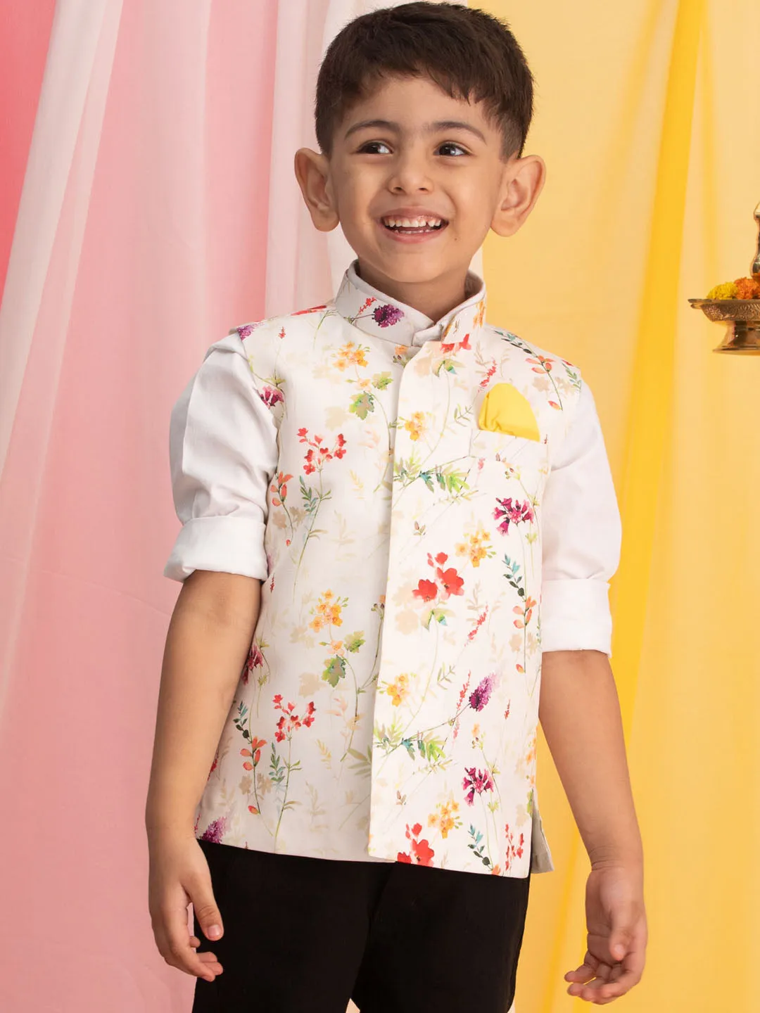 Boy's Multi Color Cream Base Nehru Jacket - Vastramay Boys