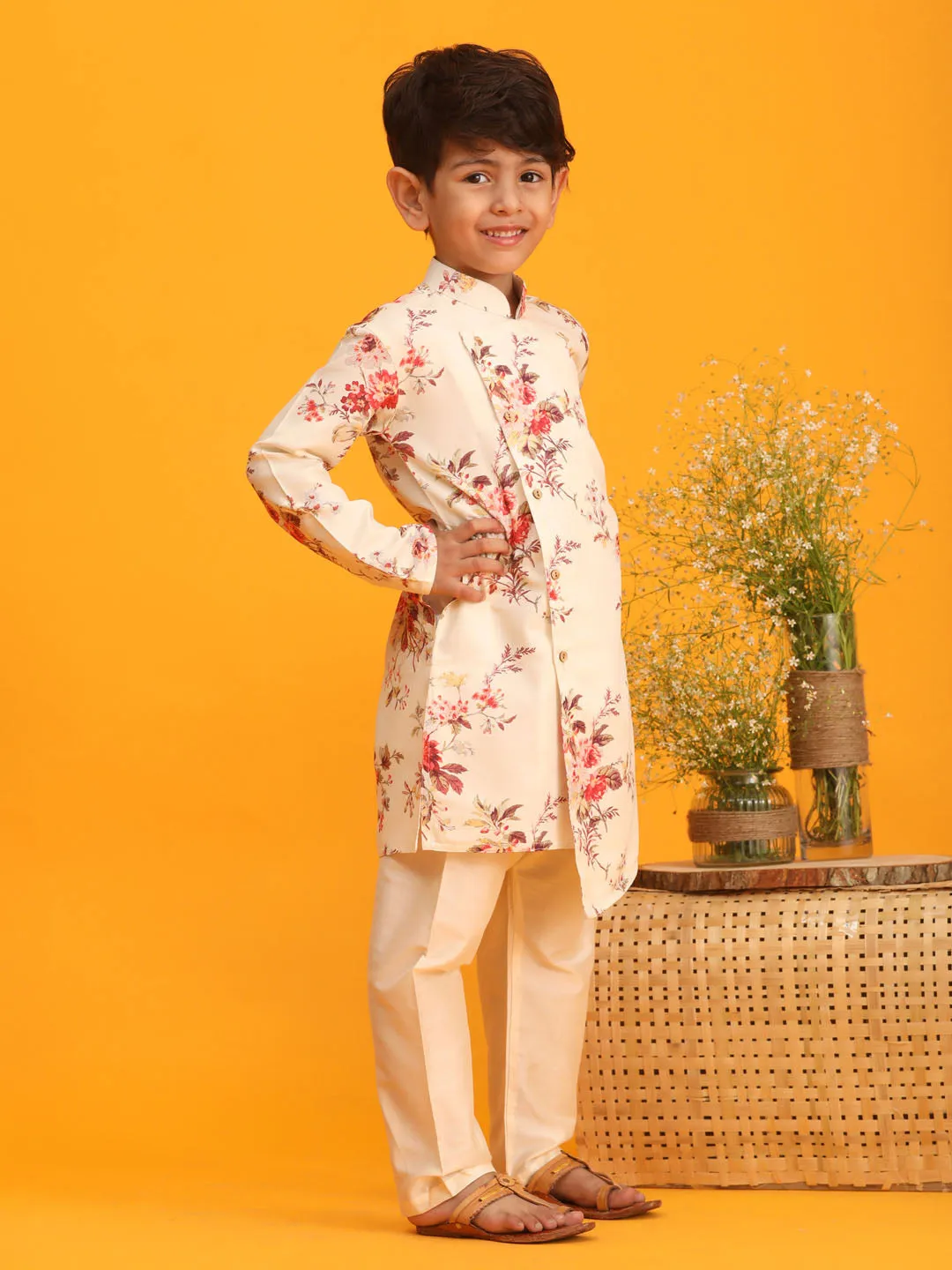 Boy's Multicolor Base Cream Kurta Pyjama Set - Vastramay Boys