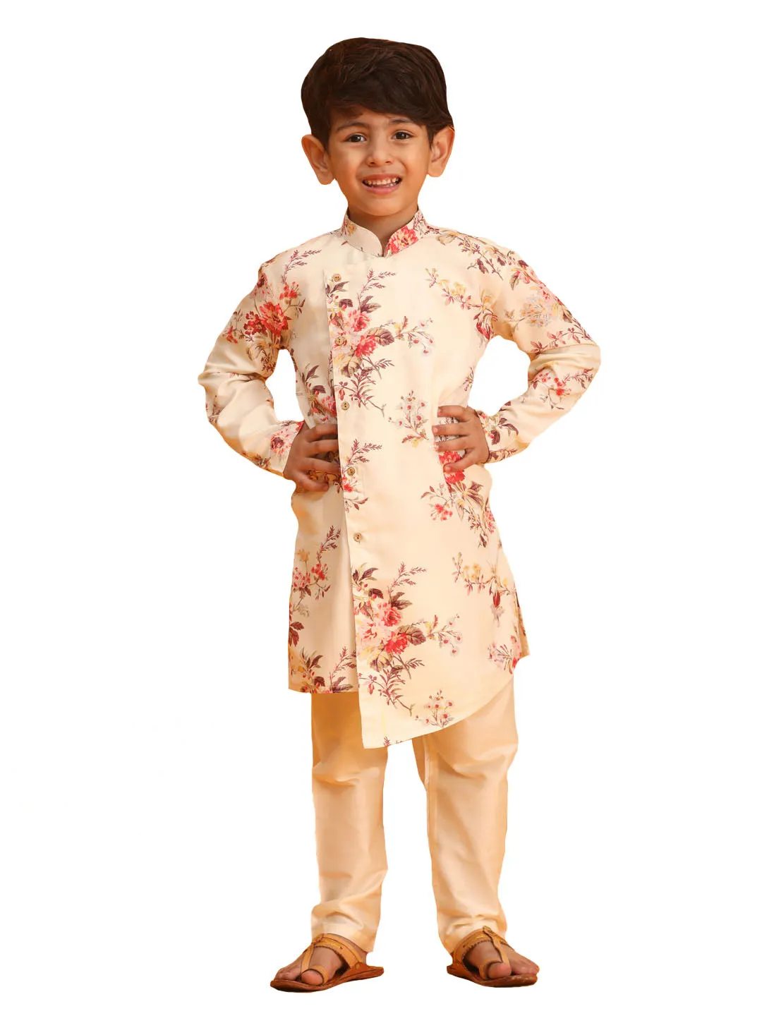 Boy's Multicolor Base Cream Kurta Pyjama Set - Vastramay Boys