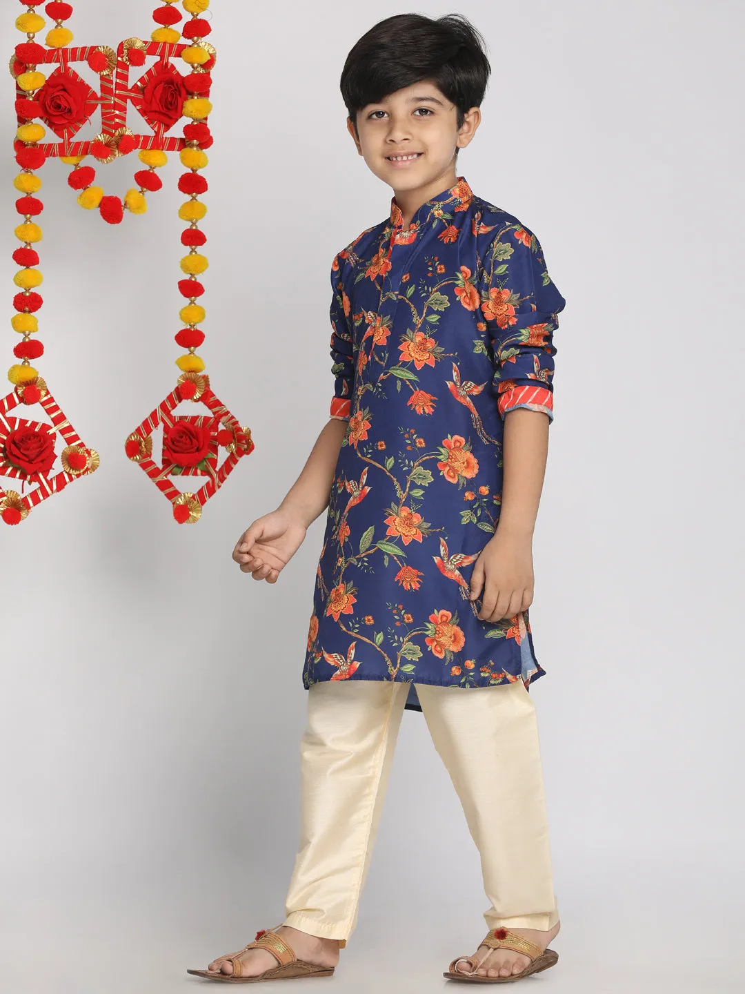 Boy's Multicolor Base Navy Blue And Cream Kurta Pyjama Set - Vastramay Boys