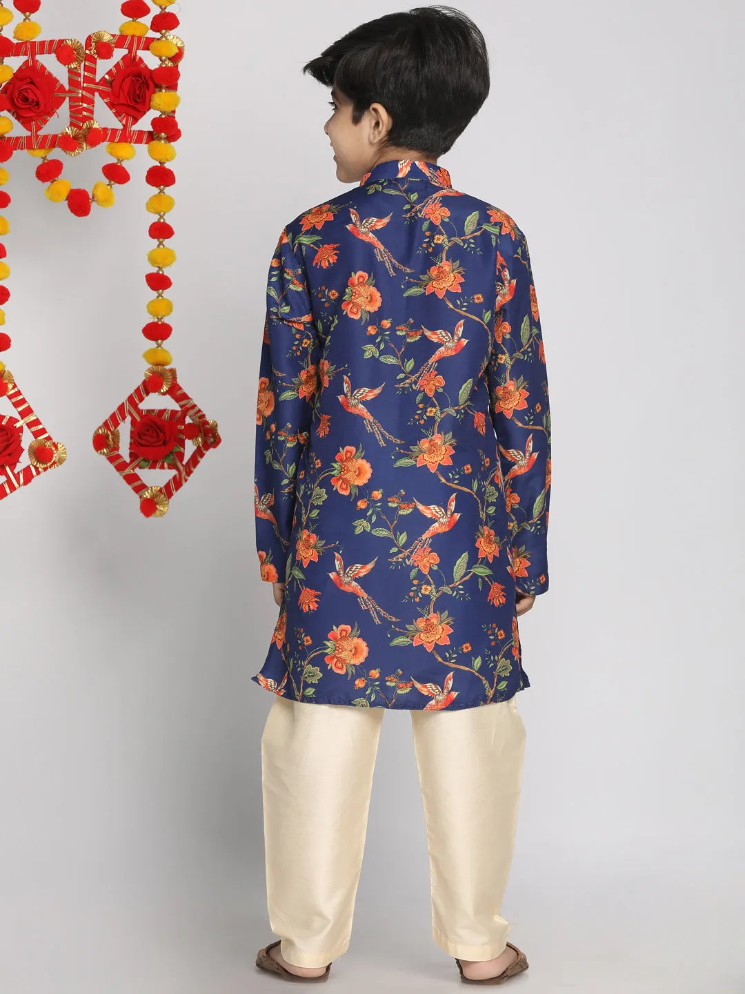 Boy's Multicolor Base Navy Blue And Cream Kurta Pyjama Set - Vastramay Boys