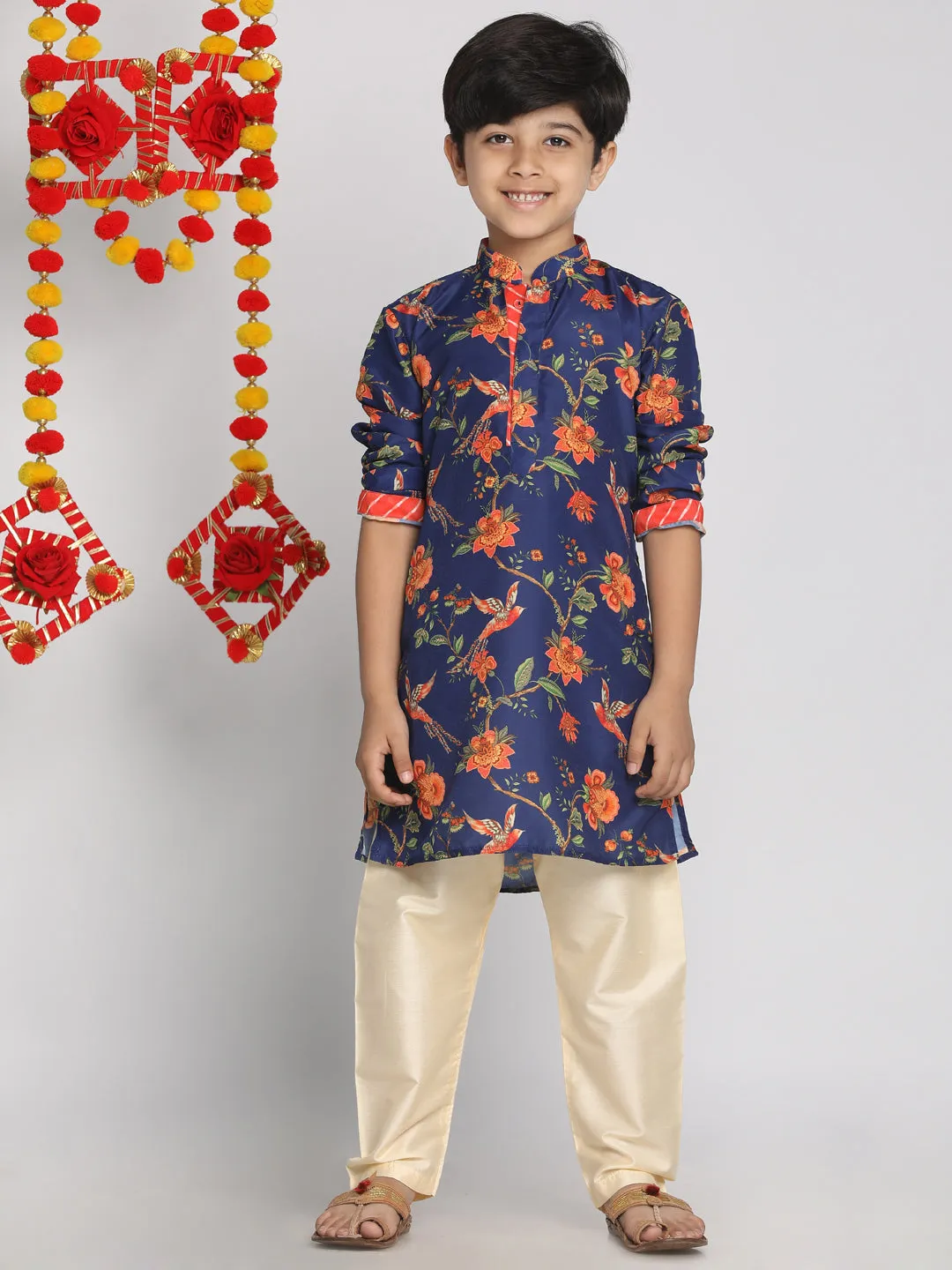 Boy's Multicolor Base Navy Blue And Cream Kurta Pyjama Set - Vastramay Boys