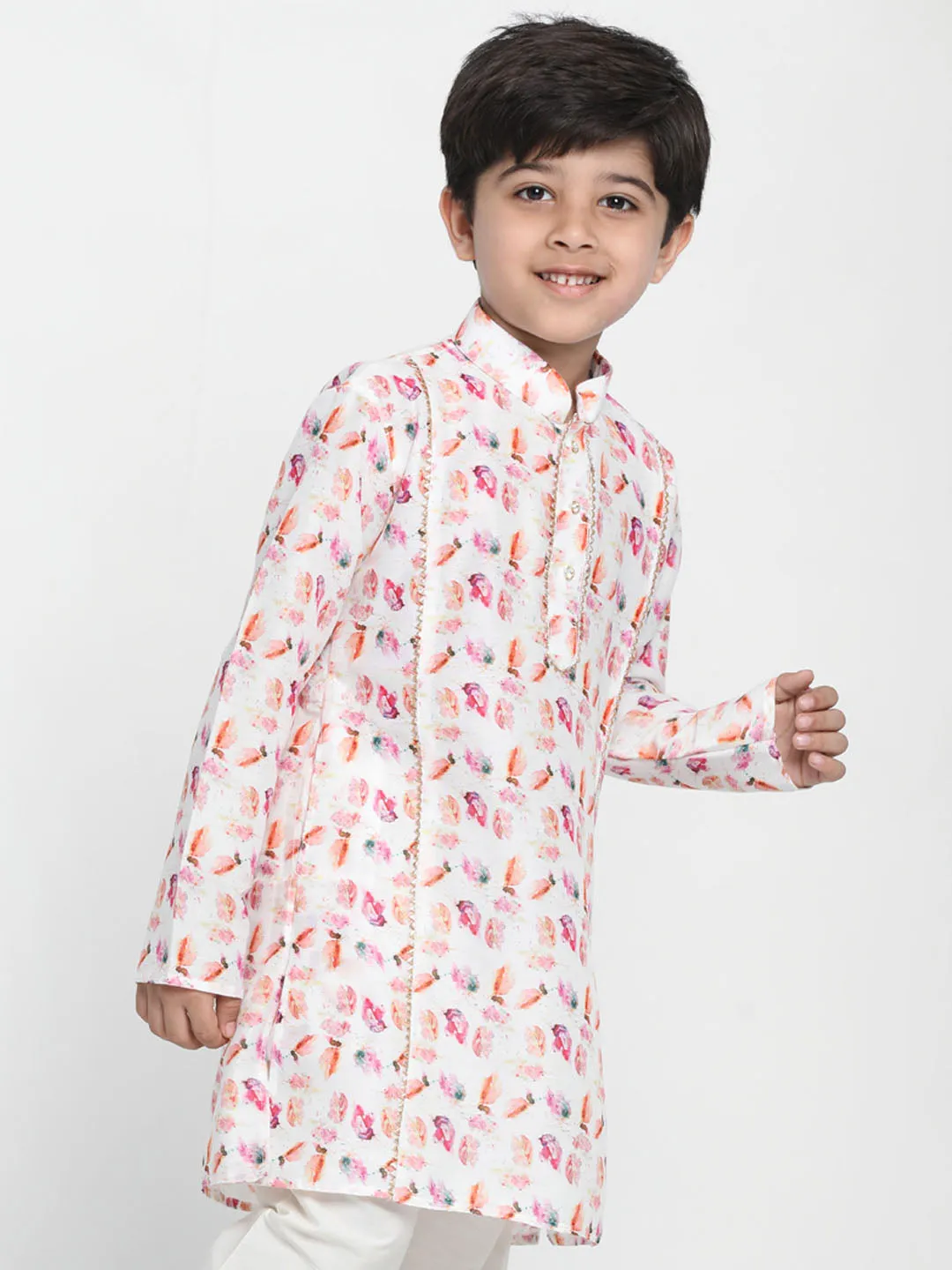 Boy's Multicolored Base White Kurta - Vastramay Boys