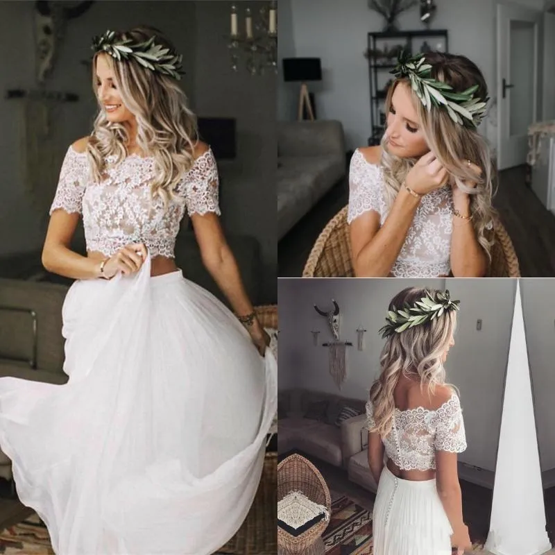 Casual Flowy Short Sleeve Lace Crop Top Two Piece Wedding Dress Bridal Gowns