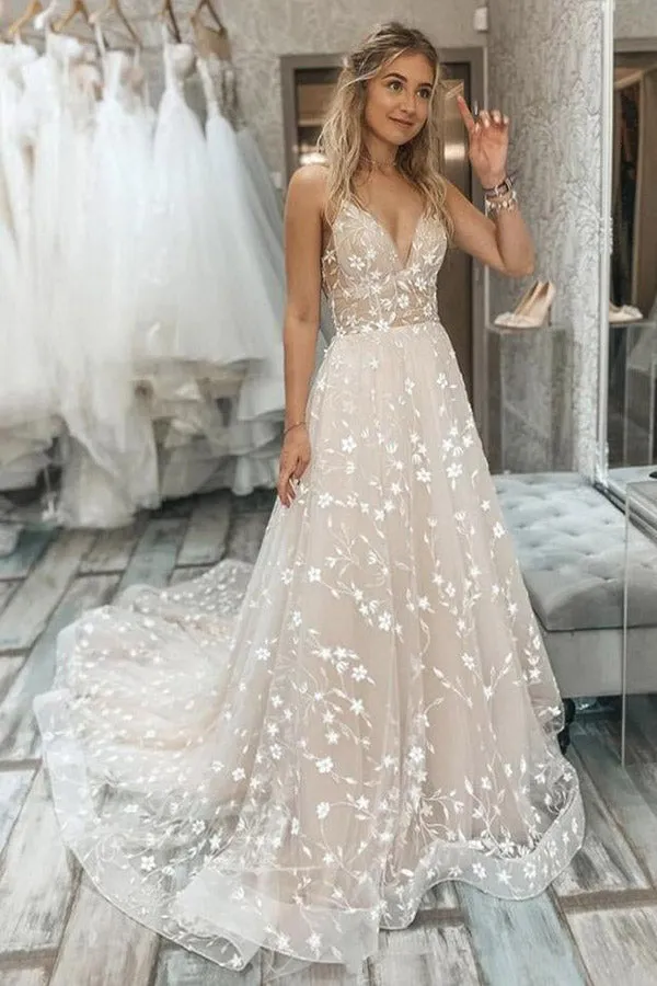 Champagne A Line Spaghetti Straps Tulle Lace Wedding Dresses