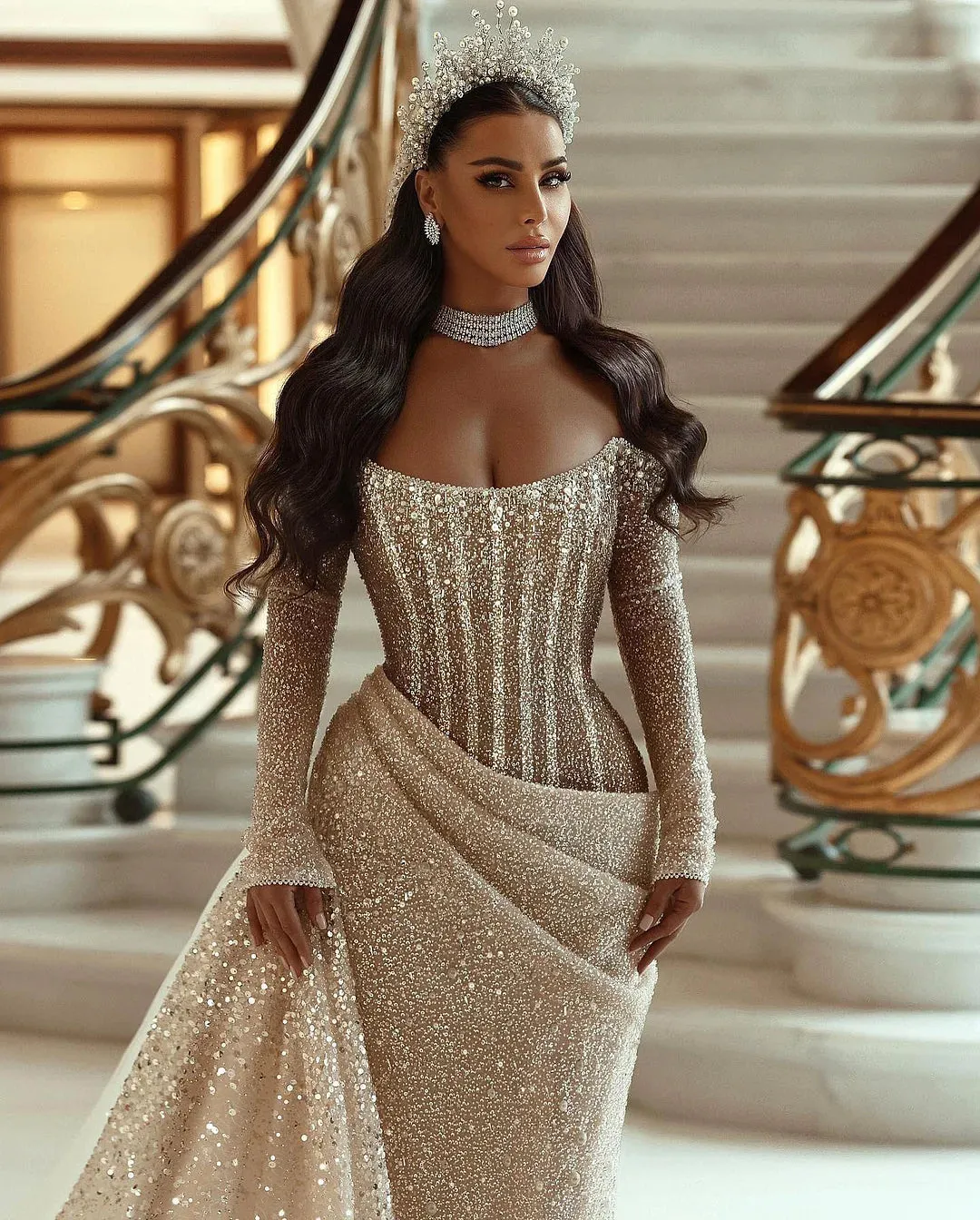 Champagne Long Sleeves Mermaid Sequin Wedding Dress Pleated