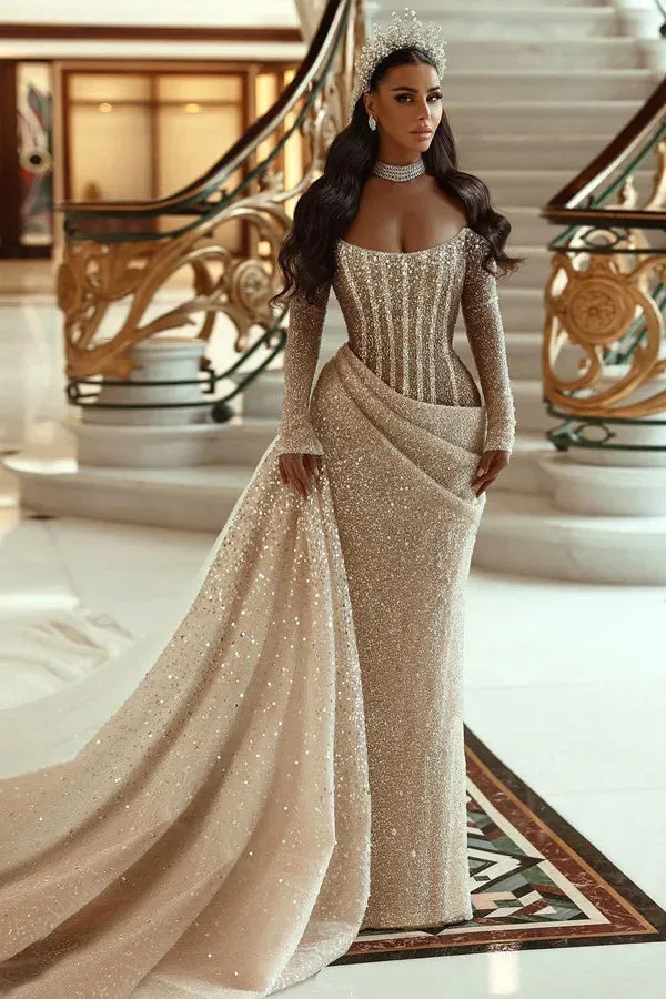 Champagne Long Sleeves Mermaid Sequin Wedding Dress Pleated