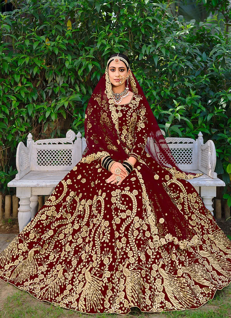 Cherry Red Cording Zari Embroidery Wedding Lehenga Choli