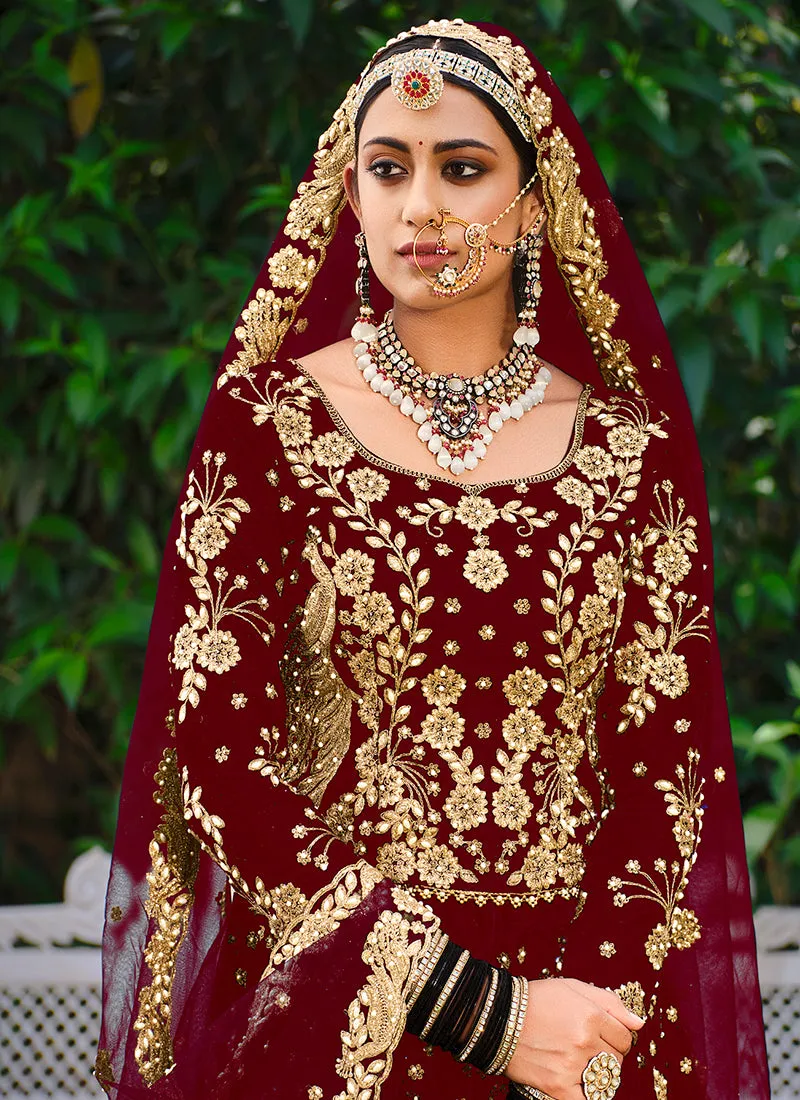 Cherry Red Cording Zari Embroidery Wedding Lehenga Choli