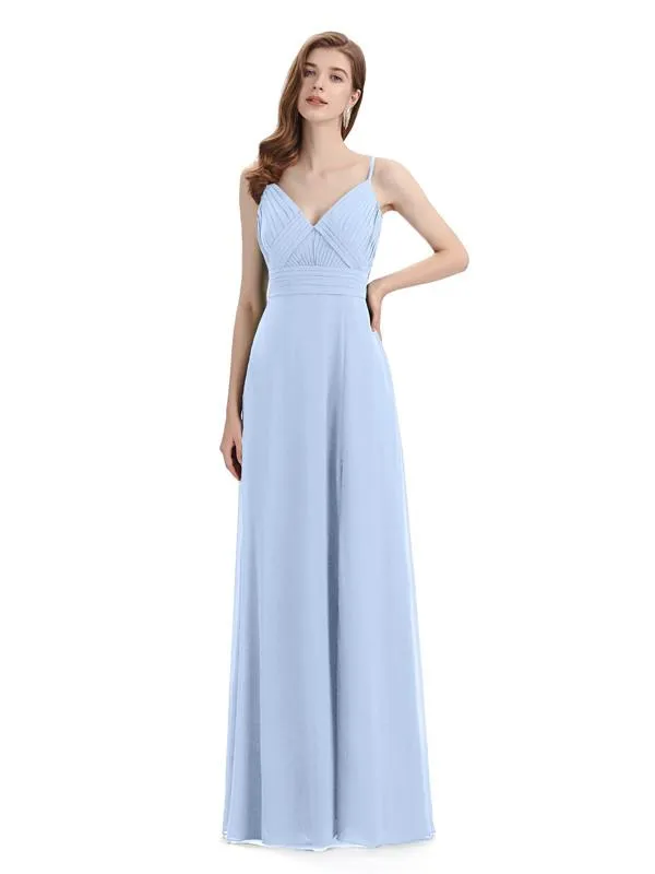 Chiffon Spaghetti Strap V-neck Floor-Length Long Bridesmaid Dresses