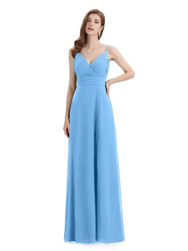 Chiffon Spaghetti Strap V-neck Floor-Length Long Bridesmaid Dresses