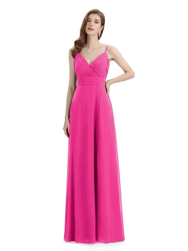 Chiffon Spaghetti Strap V-neck Floor-Length Long Bridesmaid Dresses