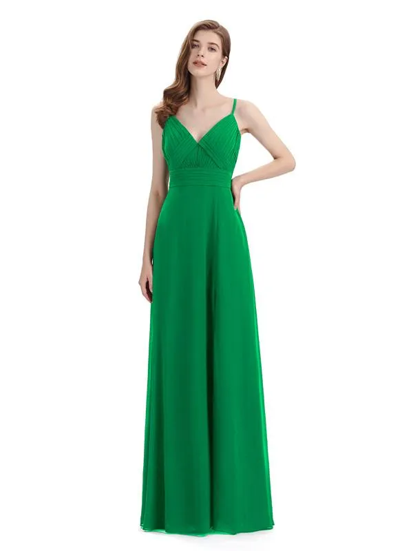 Chiffon Spaghetti Strap V-neck Floor-Length Long Bridesmaid Dresses