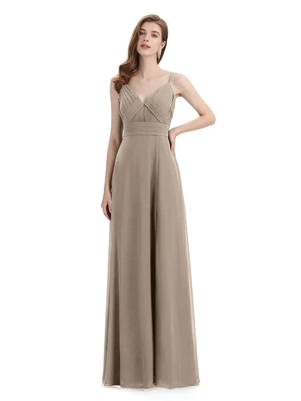 Chiffon Spaghetti Strap V-neck Floor-Length Long Bridesmaid Dresses