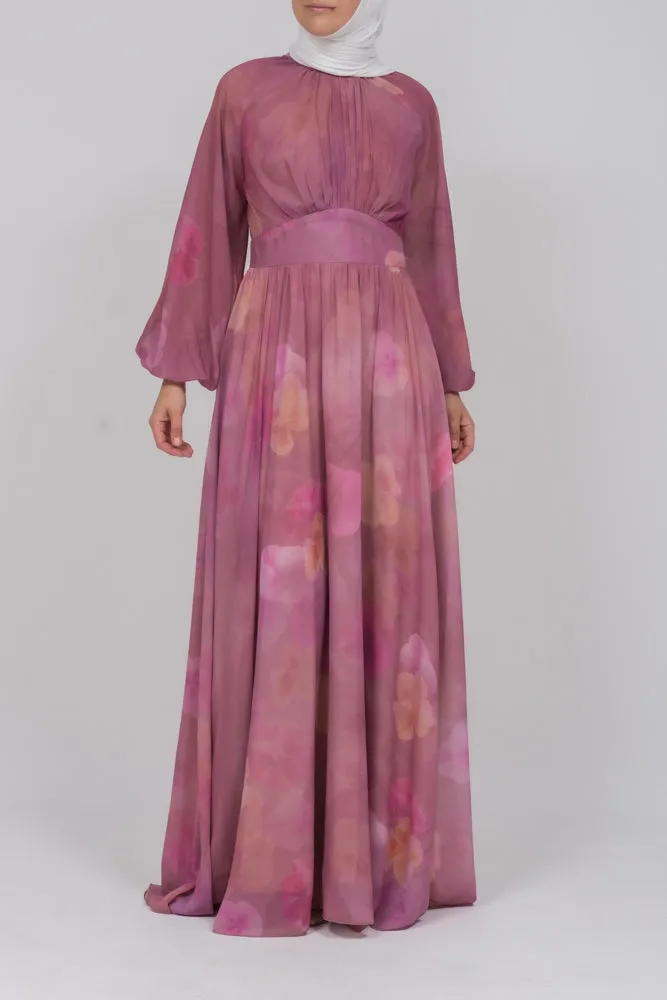 Daka zipped back empire waist chiffon maxi dress in washed out floral print