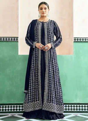 Dark Blue Embroidery Jacket Style Anarkali Dress