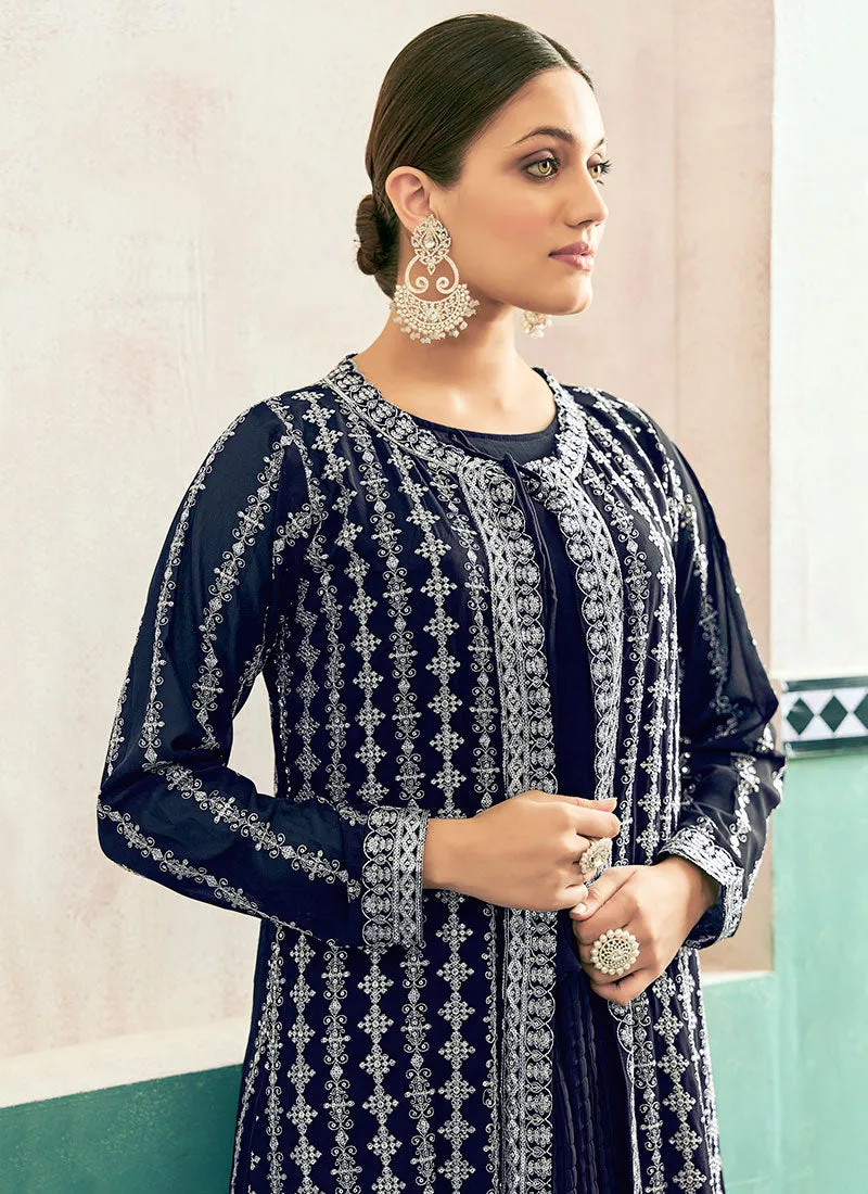 Dark Blue Embroidery Jacket Style Anarkali Dress