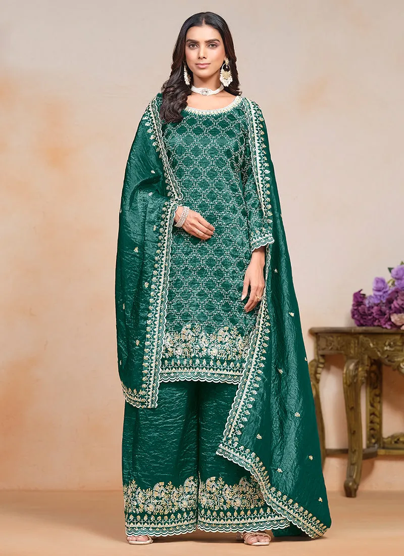 Dark Green Embroidered Traditional Palazzo Suit