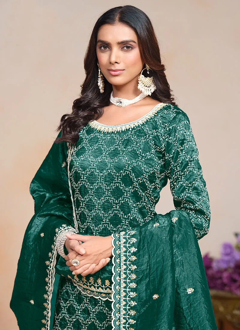 Dark Green Embroidered Traditional Palazzo Suit