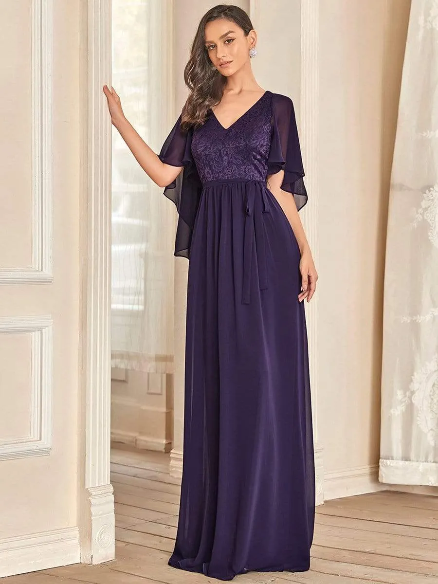 Deep V Neck Lace Bodice Long Flowy Evening Dress