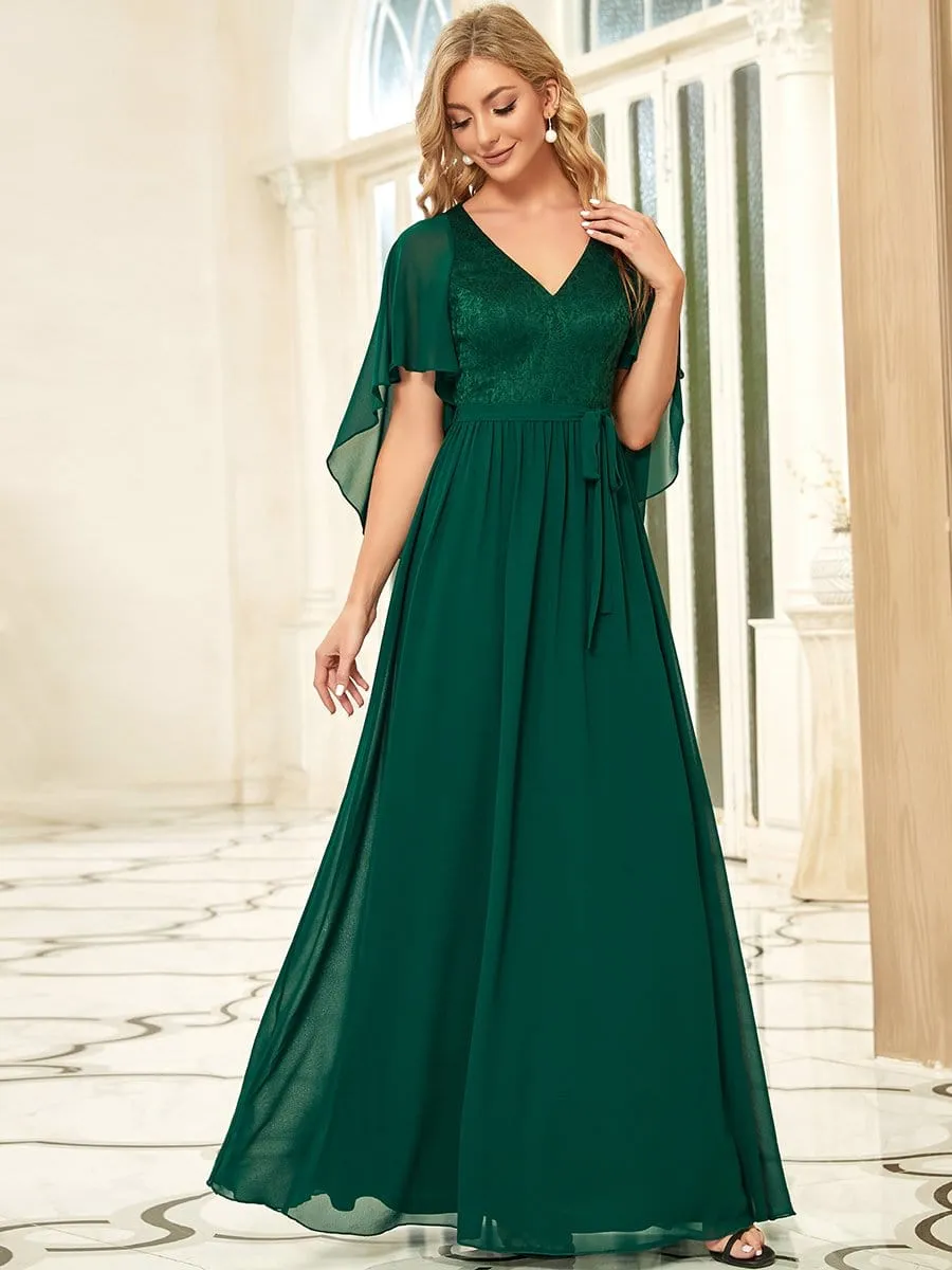 Deep V Neck Lace Bodice Long Flowy Evening Dress