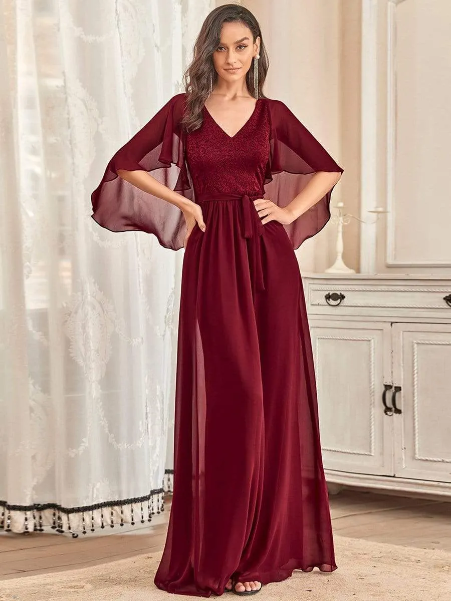 Deep V Neck Lace Bodice Long Flowy Evening Dress