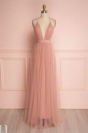 Deep V Neck Prom Dress, Blush Pink Floor Length Tulle Wedding Party Dress, Spaghetti Straps