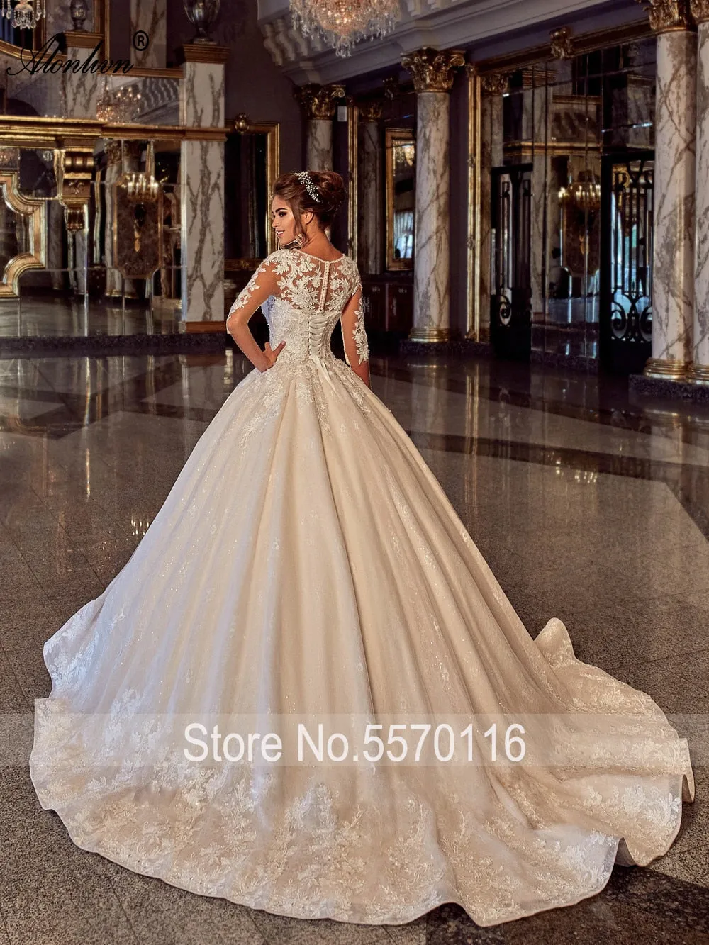 Delicate Shiny Beading O-Neck Wedding Dress Half Sleeves Lace Up Puffy Ball Gown Bride Dress