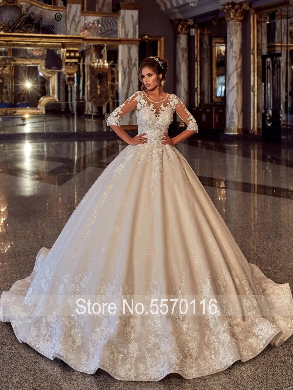 Delicate Shiny Beading O-Neck Wedding Dress Half Sleeves Lace Up Puffy Ball Gown Bride Dress