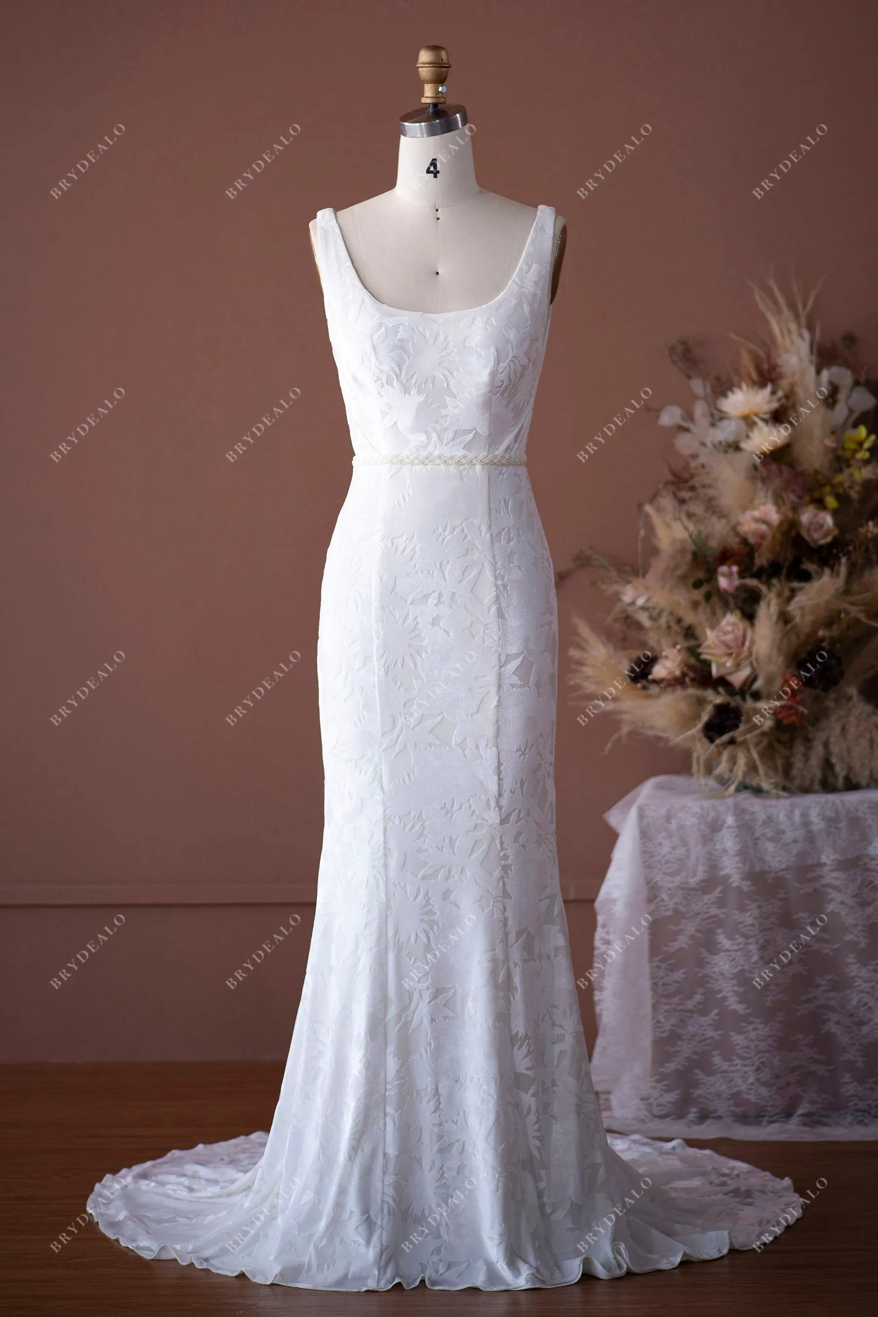 Designer Burnout Velvet Square Neck Mermaid Classic Wedding Dress