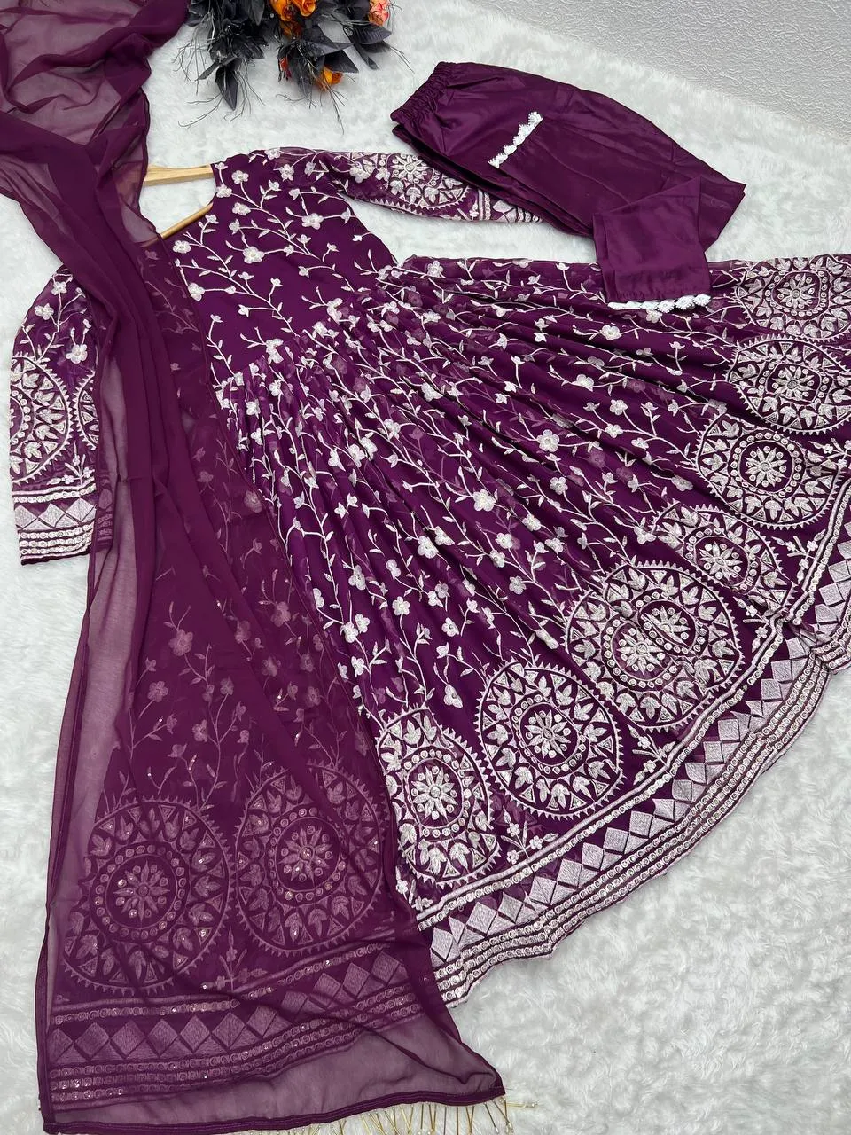 Designer Wine Color Thread Work Gown