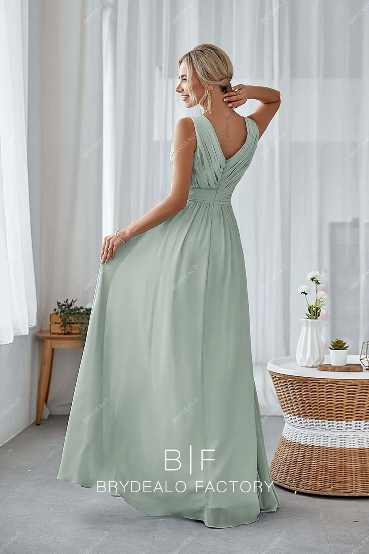 Dusty Sage Ruched V-neck Sleeveless Slit Chiffon Bridesmaid Dress