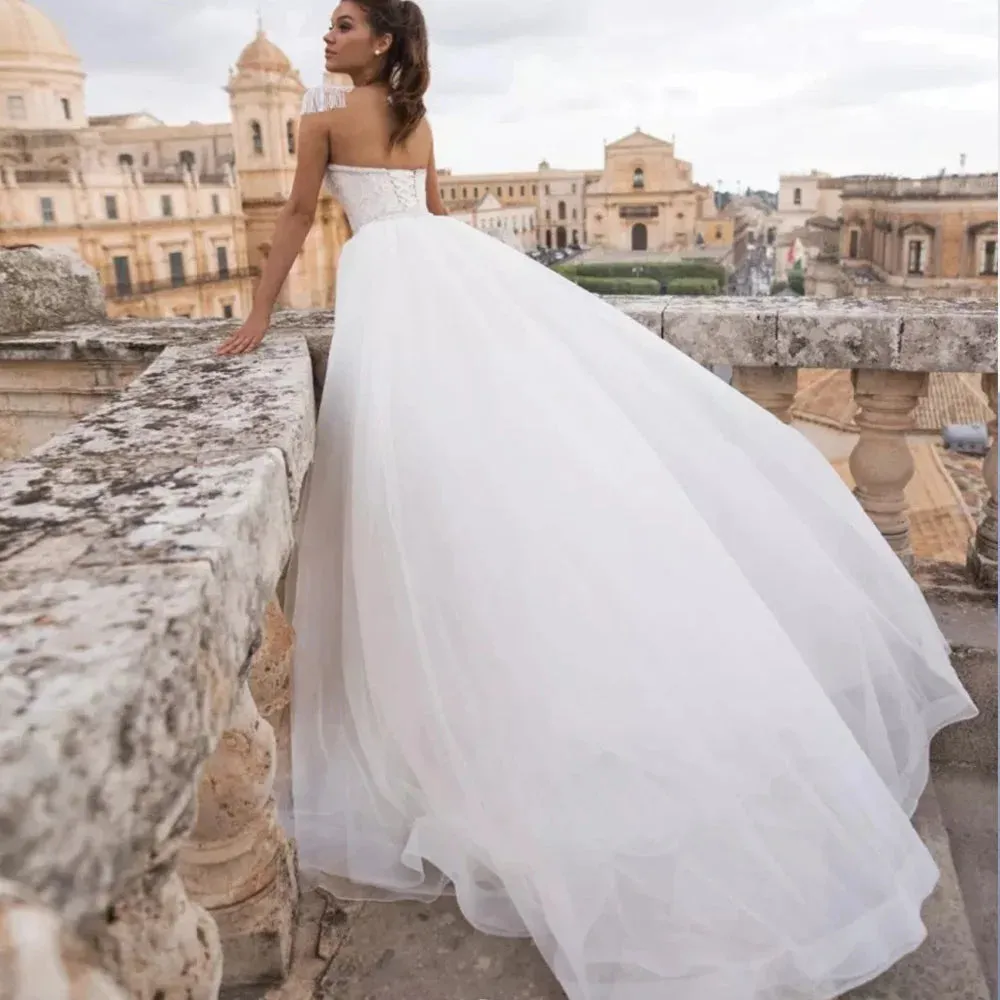 Elegant Beach Wedding Dress Detachable Train See Through Back Bridal Dress